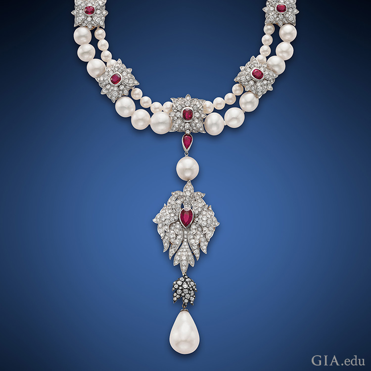 Elizabeth Taylor’s historic 50.56 carat La Peregrina Pearl prominently features the June birthstone in a pendant to a two-strand pearl, ruby, and diamond necklace.