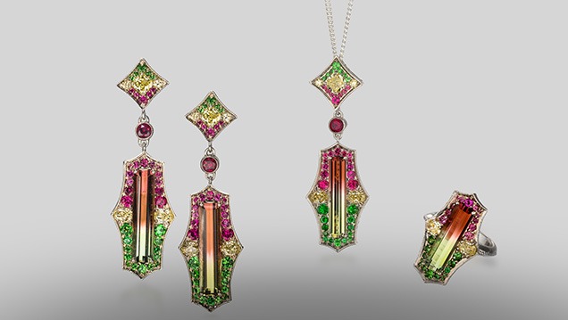 Bicolored elbaite tourmaline earrings, ring, and pendant. Bicolored elbaite tourmaline earrings, ring, and pendant.
