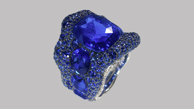 Vagabonde Bleue Ring. Fine-quality blue sapphires in larger sizes are rare, but they’re still more available than ruby. The incredible blue sapphire in the center of this ring weighs 18.79 carats. - Vagabonde Bleue Ring © 2011 Fabergé Ltd