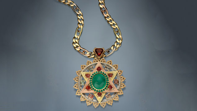 61 Ct. Emerald Stone Necklace. The emerald center stone of this necklace weighs 61 carats. Courtesy Ronald Lee Schultz.