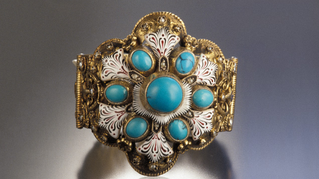 Hungarian Cuff Bracelet. This Hungarian cuff bracelet combines enameling with lovely turquoise cabochons. - Courtesy Ginger Moro
