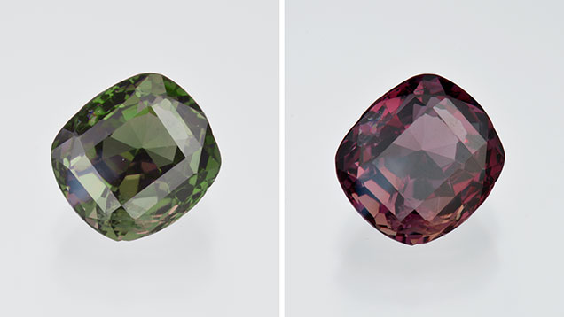 Alexandrite. A high clarity rating raises the value of alexandrite, especially one with nice color change like this green to red-purple example.