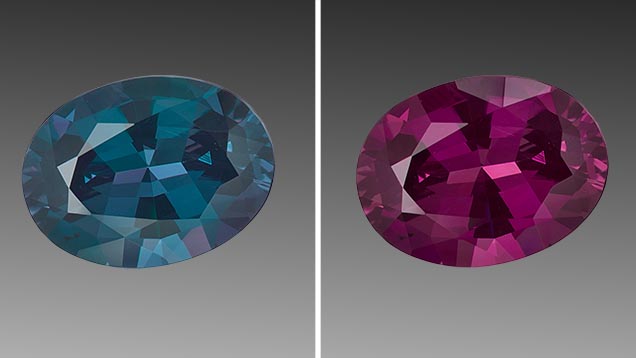 Alexandrite. This alexandrite has stunning color change with intense colors, and very clean clarity. It’s an oval mixed cut, which is common for alexandrite. - Courtesy Evan Caplan Fine Gemstones