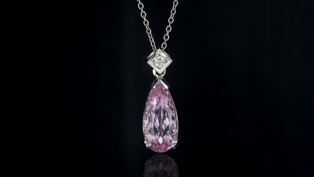 Kunzite. This lovely pendant features a pear-shaped kunzite with a diamond accent. - Robert Weldon, courtesy The Greenwood Group