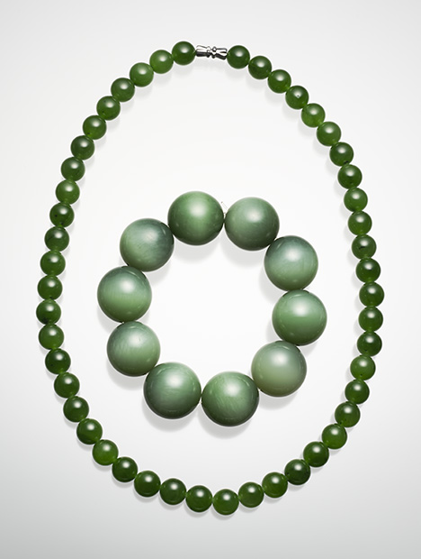 Green nephrite bead strand and bead bracelet from Pakistan and Siberia, respectively. Green nephrite bead strand and bead bracelet from Pakistan and Siberia, respectively.