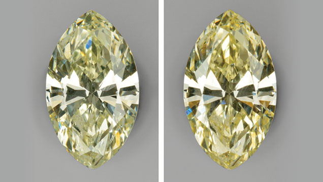 The chameleon diamond is shown before and after heating (left and right). The chameleon diamond is shown before and after heating (left and right).