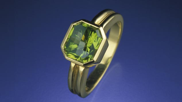 Peridot Ring. With a little care, peridot will make a fine gemstone for jewelry. - © GIA & Tino Hammid, courtesy 23rd St. Shoppe, Santa Monica