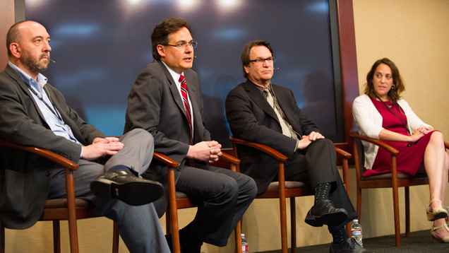 GIA invited panelists representing a variety of sectors, geographic locations and company sizes for an April panel on responsible sourcing at the Carlsbad campus. From left, Stewart Grice, director of mill and refining at Hoover and Strong; David Bouffard, vice president of corporate affairs at Signet Jewelers Ltd.; Eric Braunwart, founder, president and CEO of Columbia Gem House; and Beth Gerstein, co-founder and co-CEO of Brilliant Earth. Photo by Kevin Schumacher/GIA GIA invited panelists representing a variety of sectors, geographic locations and company sizes for an April panel on responsible sourcing at the Carlsbad campus. From left, Stewart Grice, director of mill and refining at Hoover and Strong; David Bouffard, vice president of corporate affairs at Signet Jewelers Ltd.; Eric Braunwart, founder, president and CEO of Columbia Gem House; and Beth Gerstein, co-founder and co-CEO of Brilliant Earth. Photo by Kevin Schumacher/GIA