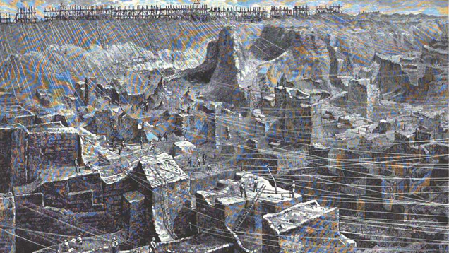An early black and white photo that shows deep trenches dug into the ground in the search for diamonds. Ladders and ropes help the miners excavate and traverse the mine. An early black and white photo that shows deep trenches dug into the ground in the search for diamonds. Ladders and ropes help the miners excavate and traverse the mine.