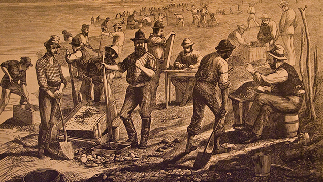 Miners use shovels and sluicing equipment to search for diamonds near the Vaal River in South Africa. Miners use shovels and sluicing equipment to search for diamonds near the Vaal River in South Africa.