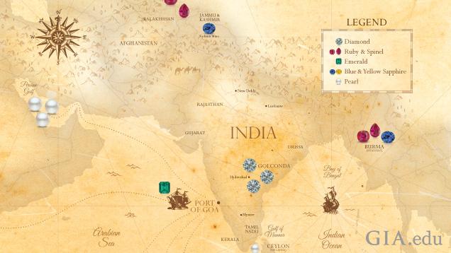 インドとその周辺の国々の地図。ダイヤモンド、ルビー、エメラルド、真珠、サファイアなど、この記事で取り上げられたインドのジュエリーで使用された数多くの宝石の起源を示している。 インドとその周辺の国々の地図。ダイヤモンド、ルビー、エメラルド、真珠、サファイアなど、この記事で取り上げられたインドのジュエリーで使用された数多くの宝石の起源を示している。