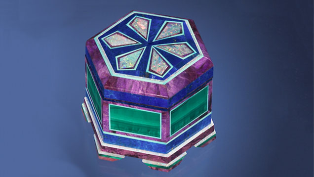 Intarsia Box. This intarsia box created by Nicolai Medvedev includes flat pieces of turquoise as part of its inlaid design. -– Photo © GIA & Tino Hammid, gift of Carol and Fred Seeman