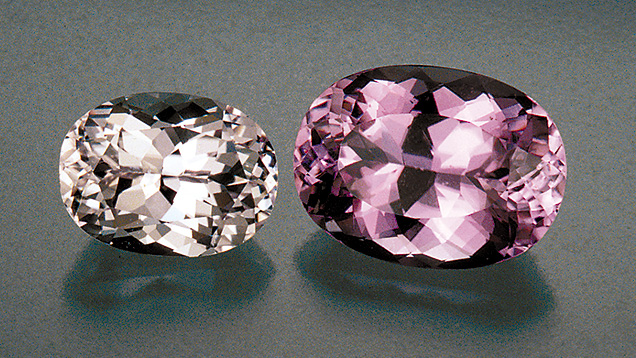 Color Range - Cut Kunzite. The color of kunzite can range from very pale to medium shades of pink and violet. In rare cases, kunzite is found in more intense hues. - Robert Weldon, courtesy Pala International
