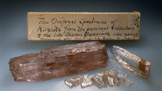 Kunzite. This photograph shows Charles Baskerville’s historic collection of kunzite crystals. - Wendell Wilson