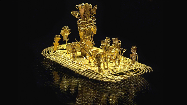 El Dorado(埃尔多拉多)的木筏场景被安置在波哥大的 Museo del Oro(金色博物馆)。 摄影:Robert Weldon(罗伯特·韦尔登)/GIA El Dorado(埃尔多拉多)的木筏场景被安置在波哥大的 Museo del Oro(金色博物馆)。 摄影:Robert Weldon(罗伯特·韦尔登)/GIA