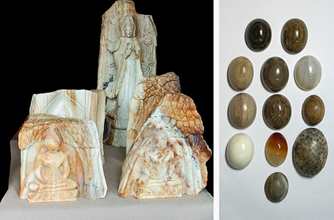 Petrified wood carvings and cabochons. Petrified wood carvings and cabochons.