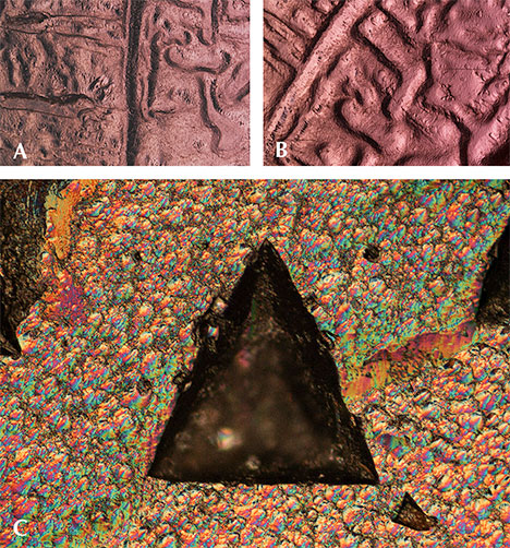 F15-Sun-Figure-11-Comp-v2_194301-468x502.jpg. Channels on the surface of a “color-change” pyrope garnet rough under diffused reflected lighting