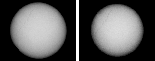 RTX images of a bead-cultured pearl. Figure 6. RTX images of the pearl in figure 5 show a fairly large bead nucleus with some banding in one area. The lower-contrast image on the left shows the outline of the bead more clearly. The higher-contrast image on the right shows both the bead’s outline and the banding within the bead more clearly.