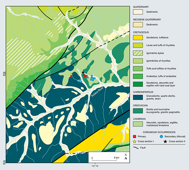 FA16-Buravleva-fig4v2_208200-636x572.jpg. Simplified geologic map of Sutara sapphire mine district