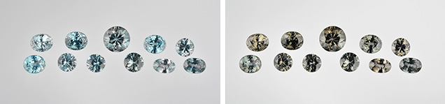 Blue zircons turned brown after LWUV exposure.