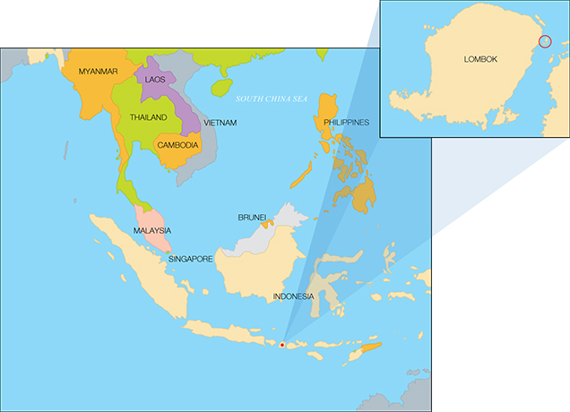 Map of Indonesia and Lombok (inset). Figure 2. A map of Indonesia and the surrounding region, with Lombok shown in more detail. The red circle indicates the area in which the farm is located.