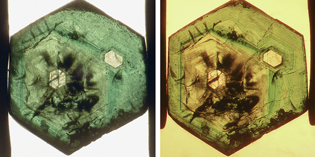 An emerald from Swat Valley shows an interesting growth pattern with two colorless cores. An emerald from Swat Valley shows an interesting growth pattern with two colorless cores.