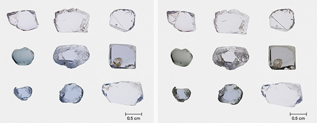 Blue to violet spinel before and after heating. Blue to violet spinel before and after heating.