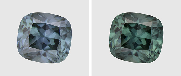 Color-change zircon seen under both cool and warm white light.