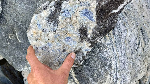 Figure 10. Cordierite-bearing biotite-quartzofeldspathic gneiss near the Blue Bear occurrence. This lithology is not known to contain gem-quality cordierite. Photo by Herb Hyder. Figure 10. Cordierite-bearing biotite-quartzofeldspathic gneiss near the Blue Bear occurrence. This lithology is not known to contain gem-quality cordierite. Photo by Herb Hyder.