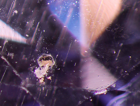 Figure 15. Light brown iron-rich phlogopite, a white unidentified mineral (possibly muscovite), and acicular fluid inclusions in a faceted iolite from Blue Bear. Photomicrograph by Philippe Belley; field of view 2.4 mm. Figure 15. Light brown iron-rich phlogopite, a white unidentified mineral (possibly muscovite), and acicular fluid inclusions in a faceted iolite from Blue Bear. Photomicrograph by Philippe Belley; field of view 2.4 mm.