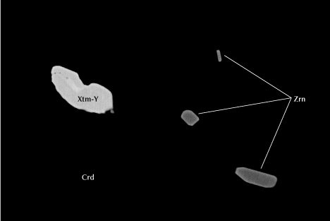 Figure 18. Zircon (Zrn) and xenotime-(Y) (Xtm-Y) inclusions in gem cordierite (Crd) from Blue Bear. Backscattered electron SEM image; field of view 150 μm. Figure 18. Zircon (Zrn) and xenotime-(Y) (Xtm-Y) inclusions in gem cordierite (Crd) from Blue Bear. Backscattered electron SEM image; field of view 150 μm.