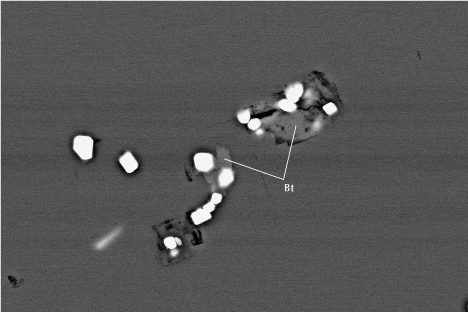 Figure 19. Zircon (white) associated with biotite (Bt; iron-rich phlogopite) in gem-quality cordierite from Blue Bear. Backscattered electron SEM image; field of view 120 μm. Figure 19. Zircon (white) associated with biotite (Bt; iron-rich phlogopite) in gem-quality cordierite from Blue Bear. Backscattered electron SEM image; field of view 120 μm.