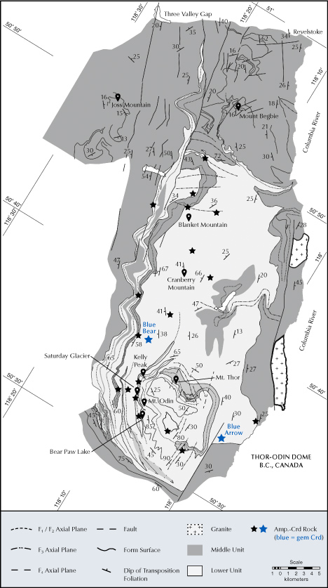 Figure 2. Simplified geological map of the Thor-Odin dome showing the location of known cordierite-orthoamphibole rock occurrences, including the Blue Bear and Blue Arrow gem cordierite occurrences. Modified after Goergen and Whitney (2012), reproduced with permission from SNCSC (© 2011 Springer-Verlag. Contrib. Mineral. Petrol., Volume 163). Figure 2. Simplified geological map of the Thor-Odin dome showing the location of known cordierite-orthoamphibole rock occurrences, including the Blue Bear and Blue Arrow gem cordierite occurrences. Modified after Goergen and Whitney (2012), reproduced with permission from SNCSC (© 2011 Springer-Verlag. Contrib. Mineral. Petrol., Volume 163).