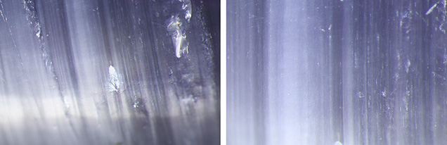 Figure 20. Magnified view of the 12.02 ct cat’s-eye iolite cabochon from Blue Bear. Note the variable inclusion density within the stone and the variable length of the acicular inclusions. Photomicrographs by Philippe Belley; fields of view 5.57 mm (left) and 2.81 mm (right). Figure 20. Magnified view of the 12.02 ct cat’s-eye iolite cabochon from Blue Bear. Note the variable inclusion density within the stone and the variable length of the acicular inclusions. Photomicrographs by Philippe Belley; fields of view 5.57 mm (left) and 2.81 mm (right).