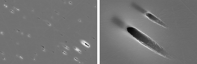 Figure 21. Secondary electron images of a chatoyant Blue Bear iolite that was polished to crosscut the acicular inclusions. The images clearly show that the elongated cylindrical inclusions consist of fluid inclusions and are not filled with any solid material. Fields of view 200 μm (left) and 15 μm (right). Figure 21. Secondary electron images of a chatoyant Blue Bear iolite that was polished to crosscut the acicular inclusions. The images clearly show that the elongated cylindrical inclusions consist of fluid inclusions and are not filled with any solid material. Fields of view 200 μm (left) and 15 μm (right).