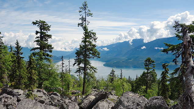Figure 3. View of Arrow Lake from the talus at the Blue Arrow iolite occurrence. Photo by D.J. Lake. Figure 3. View of Arrow Lake from the talus at the Blue Arrow iolite occurrence. Photo by D.J. Lake.