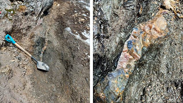 Figure 6. Cordierite-bearing quartz vein (approximately 10 cm wide) cutting gedrite-cordierite rocks at the Blue Bear occurrence. Photos by Herb Hyder. Figure 6. Cordierite-bearing quartz vein (approximately 10 cm wide) cutting gedrite-cordierite rocks at the Blue Bear occurrence. Photos by Herb Hyder.