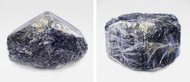 Figure 7. Large, euhedral cordierite crystal containing facetable and cabochon-quality sections. Note the deformation-induced fractures visible on prism faces in the photo on the right. The crystal measures 11.3 cm wide. Photos by Philippe Belley. Figure 7. Large, euhedral cordierite crystal containing facetable and cabochon-quality sections. Note the deformation-induced fractures visible on prism faces in the photo on the right. The crystal measures 11.3 cm wide. Photos by Philippe Belley.