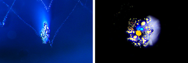 Figure 3. The thin film along the basal plane of the aquamarine under fiber-optic illumination. Photomicrographs by Yizhi Zhao; fields of view 3.45 mm (left) and 1.72 mm (right).