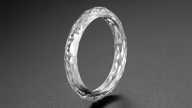 Figure 1. The 4.04 ct ring fashioned from a single-crystal CVD-grown diamond. Photo by Towfiq Ahmed. Figure 1. The 4.04 ct ring fashioned from a single-crystal CVD-grown diamond. Photo by Towfiq Ahmed.