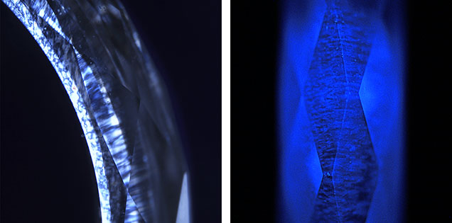 Figure 3. Strong birefringence observed under cross-polarized light (left) and blue fluorescence observed in the DiamondView (right). Images by Paul Johnson (left) and Madelyn Dragone (right). Figure 3. Strong birefringence observed under cross-polarized light (left) and blue fluorescence observed in the DiamondView (right). Images by Paul Johnson (left) and Madelyn Dragone (right).