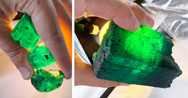 Figure 2. Large emerald crystals from the Kagem mine in Zambia. The three crystals have a combined weight of 106 g, while the large single crystal weighs 479 g. In these stones, visible fractures and inclusions will determine how the pieces are processed into smaller preforms before going to polishing. Photos by Wim Vertriest. Figure 2. Large emerald crystals from the Kagem mine in Zambia. The three crystals have a combined weight of 106 g, while the large single crystal weighs 479 g. In these stones, visible fractures and inclusions will determine how the pieces are processed into smaller preforms before going to polishing. Photos by Wim Vertriest.