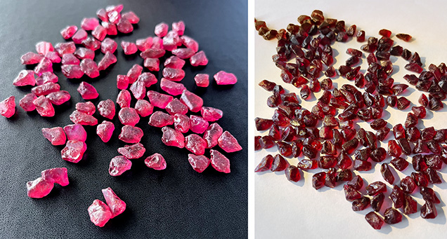 Figure 4. Range of rubies produced by the MRM mine in Mozambique: pinkish red material (left, 3.5–5.0 ct) and darker, more “closed” red rubies (right, 2.5–3.5 ct). Photos by Wim Vertriest. Figure 4. Range of rubies produced by the MRM mine in Mozambique: pinkish red material (left, 3.5–5.0 ct) and darker, more “closed” red rubies (right, 2.5–3.5 ct). Photos by Wim Vertriest.