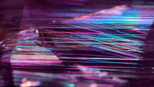 Figure 2. Iridescent tube inclusions (bottom left corner in figure 1) in pezzottaite, shown in darkfield illumination. Photomicrograph by Rhiana Elizabeth Henry; field of view 2.5 mm. Figure 2. Iridescent tube inclusions (bottom left corner in figure 1) in pezzottaite, shown in darkfield illumination. Photomicrograph by Rhiana Elizabeth Henry; field of view 2.5 mm.