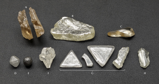 Examples of rough diamonds with shapes governed by various combinations of growth, breakage, and resorption: a diamond broken cleanly along a flat plane by cleavage (A); irregular broken fragments smoothed by resorption (B and C); cuboctahedron (D), ballas (E), and re-entrant cuboid (F) shapes produced during diamond growth; two macles resulting from twinned crystal growth, along with two fragments resulting from macle breakage (G); and an elongate fragment representing an edge broken from an octahedron crystal, with the former octahedron corners forming the ends (H). Specimens range from 1.08 to 28.08 ct, with the largest specimen measuring 27 mm in length. Photo by Evan M. Examples of rough diamonds with shapes governed by various combinations of growth, breakage, and resorption: a diamond broken cleanly along a flat plane by cleavage (A); irregular broken fragments smoothed by resorption (B and C); cuboctahedron (D), ballas (E), and re-entrant cuboid (F) shapes produced during diamond growth; two macles resulting from twinned crystal growth, along with two fragments resulting from macle breakage (G); and an elongate fragment representing an edge broken from an octahedron crystal, with the former octahedron corners forming the ends (H). Specimens range from 1.08 to 28.08 ct, with the largest specimen measuring 27 mm in length. Photo by Evan M.