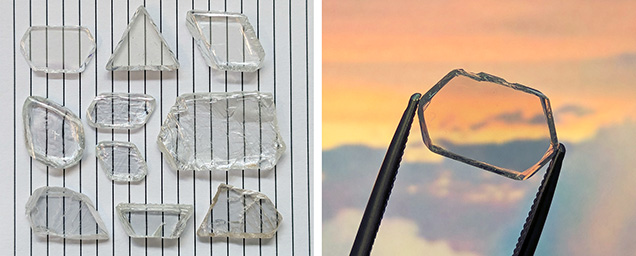 Figure 2. Left: Transparent plate-shaped rough diamonds ranging from 0.99 to 9.67 ct. Ruled lines have 2.8 mm spacing. Right: The top left specimen (2.22 ct) against the sky. Photos by Evan M. Smith. Figure 2. Left: Transparent plate-shaped rough diamonds ranging from 0.99 to 9.67 ct. Ruled lines have 2.8 mm spacing. Right: The top left specimen (2.22 ct) against the sky. Photos by Evan M. Smith.