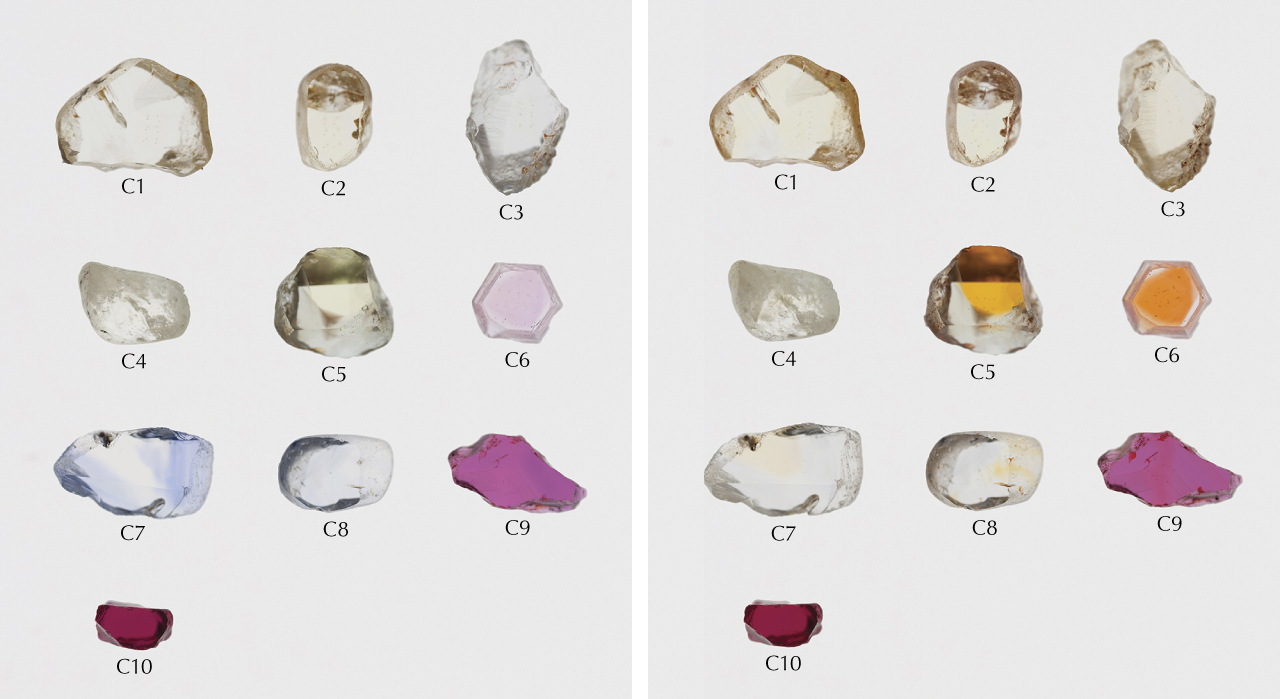 Color-calibrated photo of studied natural corundum crystals from various deposits ranging from 0.44 to 1.28 ct before heating. Photo by Sasithorn Engniwat. Color-calibrated photo of studied natural corundum crystals from various deposits ranging from 0.44 to 1.28 ct before heating. Photo by Sasithorn Engniwat.