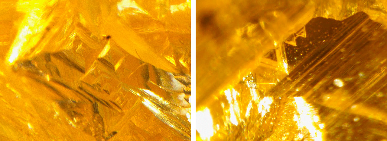 Figure 15. Tetragons (left) and trigons (right) were observed on the same side of this rough 480 nm band diamond, indicating a combination of octahedral and cuboid growth habits. Photomicrographs by Mei Yan Lai; fields of view 2.41 mm (left) and 0.73 mm (right).