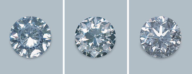 Diamonds with fisheye (left), dark upper-girdle facets (center), and a busy, broken overall pattern (right). Figure B-2. These diamonds are viewed negatively by experienced members of the diamond trade, due to a variety of unattractive pattern-related traits such as a fisheye (left), dark upper-girdle facets (center), and a busy, broken overall pattern (right). Photos by A. Gilbertson and B. Green.