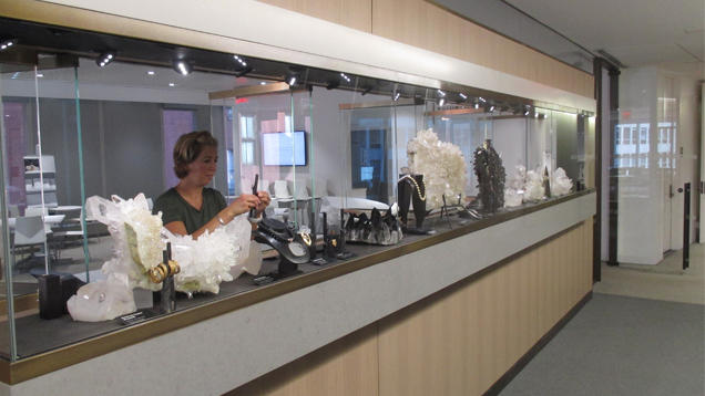 McKenzie Santimer is setting up the display in the long, narrow case. McKenzie Santimer is setting up the display in the long, narrow case.